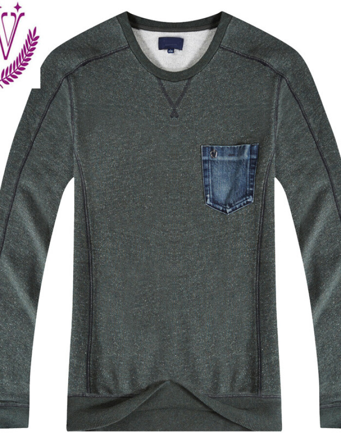 每購(gòu)EASCO 2015年新款秋冬新款專柜產(chǎn)品 牛仔t恤 圓領(lǐng)薄款花紗男士長(zhǎng)袖T恤 深藍(lán)色 L